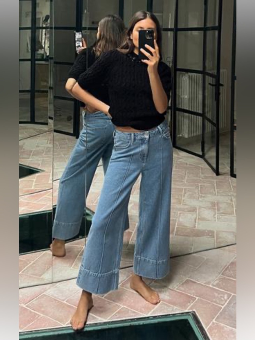 ZARA CROP WIDE LEG FRONT SEAM Z1975 JEANS WITH A HIGH WAIST IN LIGHT BLUE